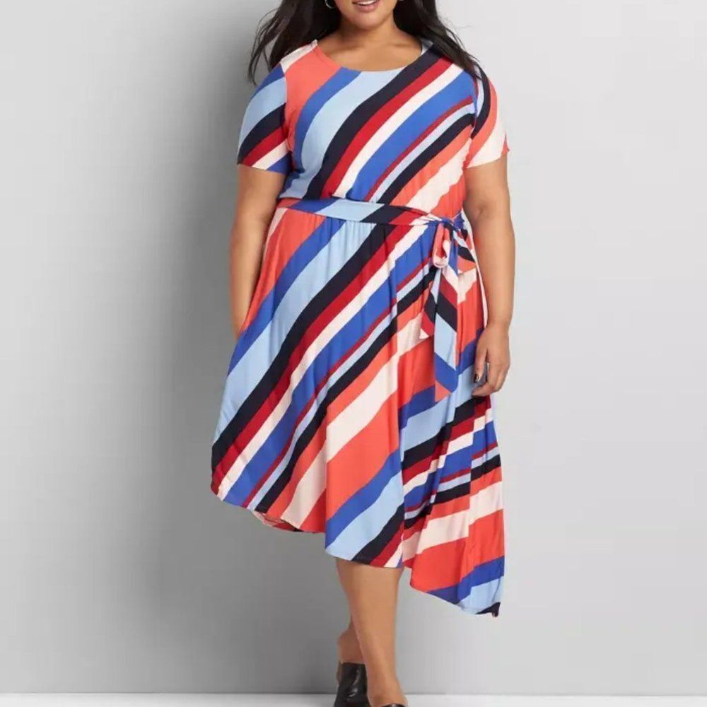 Plus Size Striped Asymmetrical Dress with Tie Waist